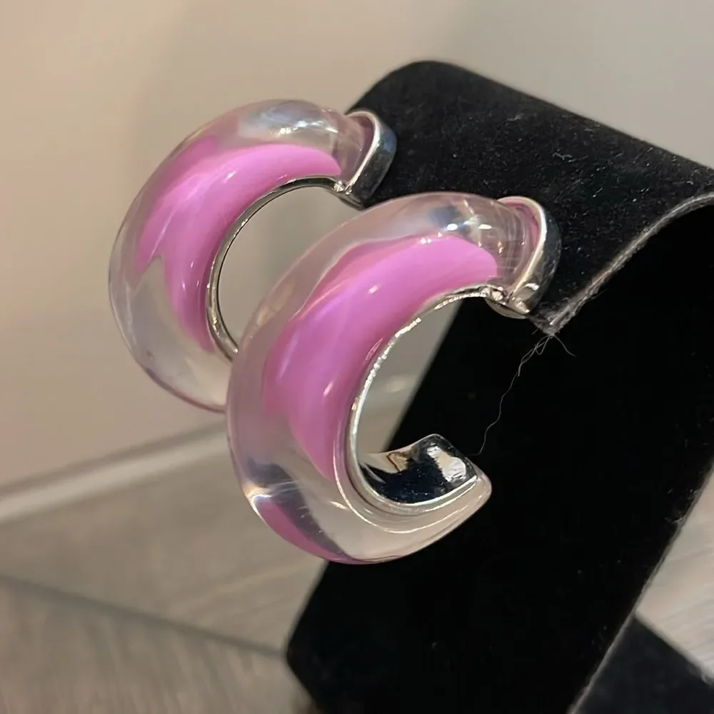 Anthropologie Chunky Resin Hoop Earrings Chic Silver-tone & Purple Lucite Hoop